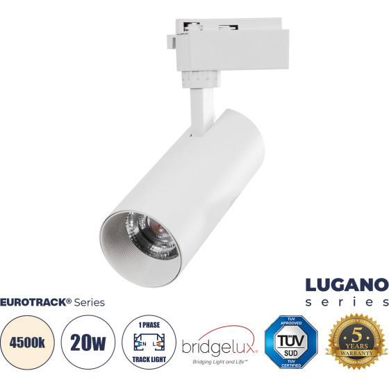GloboStar Lugano ���������� ��������� ���� ����� Led 20W 2500lm 36� Acrylic Hq Lens Ac 220-240V IP20 �6.5 x �22cm ������ ����� 4500K - Eurotrack System 1L+1N - ����� - Bridgelux Chip - Tuv Certified Driver - 5 ������ ������� - (60807)