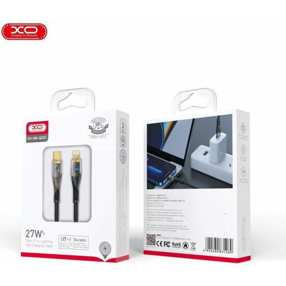 XO NB-Q223A Transparent Gold Plated Series Type-C To Lightning 27W Braided Data Cable 1m Black - (XO NB-Q223AT)