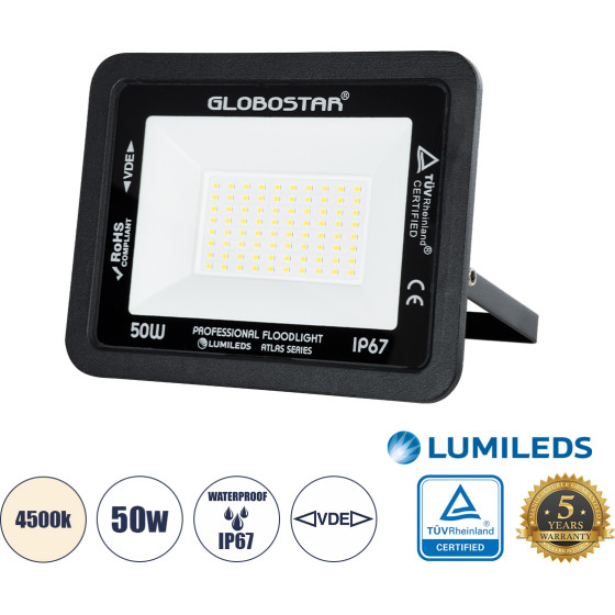 GloboStar Atlas �������������� ��������� Led 50W 6000lm 120� Ac 220-240V - ���������� IP67 - �21 x �3.5 x �16cm - ����� - ������ ����� 4500K - Lumileds Chips - Tuv Rheinland Certified - 5 Years Warranty - (61423)