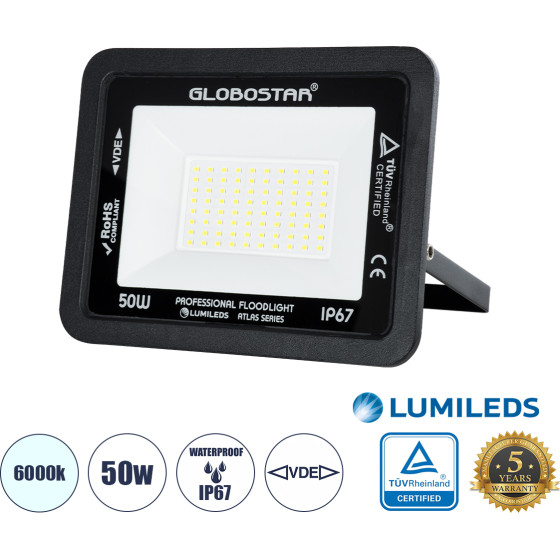 GloboStar Atlas �������������� ��������� Led 50W 6250lm 120� Ac 220-240V - ���������� IP67 - �21 x �3.5 x �16cm - ����� - ����� ����� 6000K - Lumileds Chips - Tuv Rheinland Certified - 5 Years Warranty - (61422)