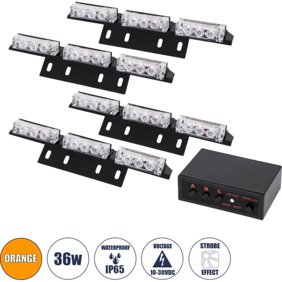 GloboStar Pro Series ��� 4 x ������ �������� �������� ������ �������� ��� ���������� & ������� 3 ������������ �������� Strobe Led High Power 36W Dc 10-30V ��������� IP65 ��������� �18 x �4.5 x �3cm - 2 ������ ������� - (85015)
