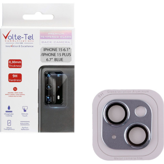 Volte-Tel Camera Glass Cover Iphone 15 6.1''/Iphone 15 Plus 6.7'' 9H 0.30MM 3D Ar ALUMINIUM-Electroplating Frame BLUE