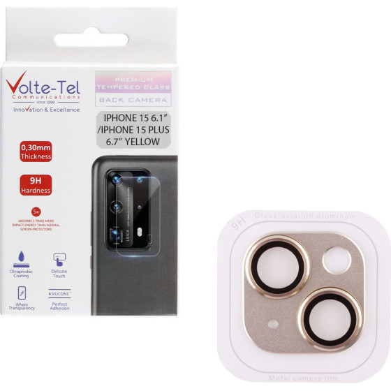 Volte-Tel Camera Glass Cover Iphone 15 6.1''/Iphone 15 Plus 6.7'' 9H 0.30MM 3D Ar ALUMINIUM-Electroplating Frame YELLOW