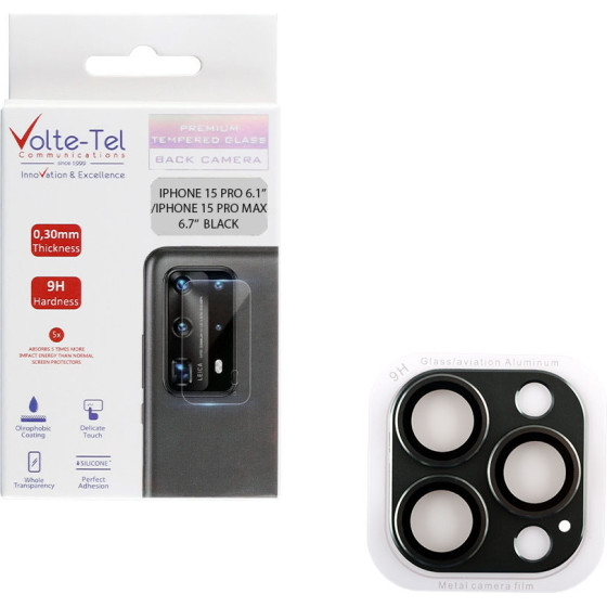 Volte-Tel Camera Glass Cover Iphone 15 Pro 6.1''/Iphone 15 Pro Max 6.7'' 9H 0.30MM 3D Ar ALUMINIUM-Electroplating Frame BLACK
