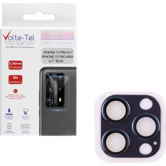 Volte-Tel Camera Glass Cover Iphone 15 Pro 6.1''/Iphone 15 Pro Max 6.7'' 9H 0.30MM 3D Ar ALUMINIUM-Electroplating Frame BLUE