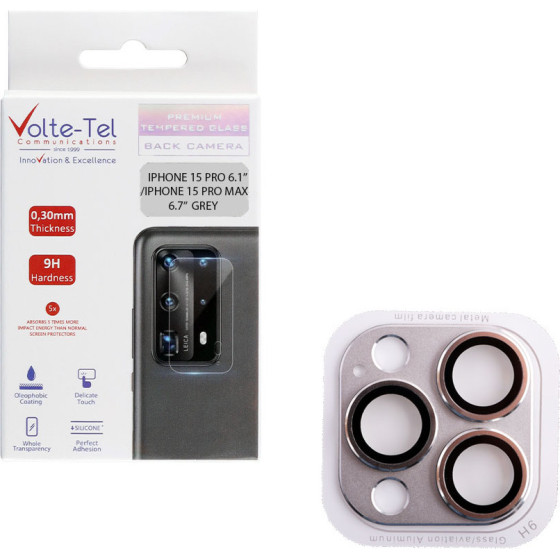 Volte-Tel Camera Glass Cover Iphone 15 Pro 6.1''/Iphone 15 Pro Max 6.7'' 9H 0.30MM 3D Ar ALUMINIUM-Electroplating Frame GREY