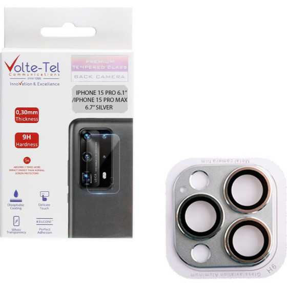 Volte-Tel Camera Glass Cover Iphone 15 Pro 6.1''/Iphone 15 Pro Max 6.7'' 9H 0.30MM 3D Ar ALUMINIUM-Electroplating Frame SILVER