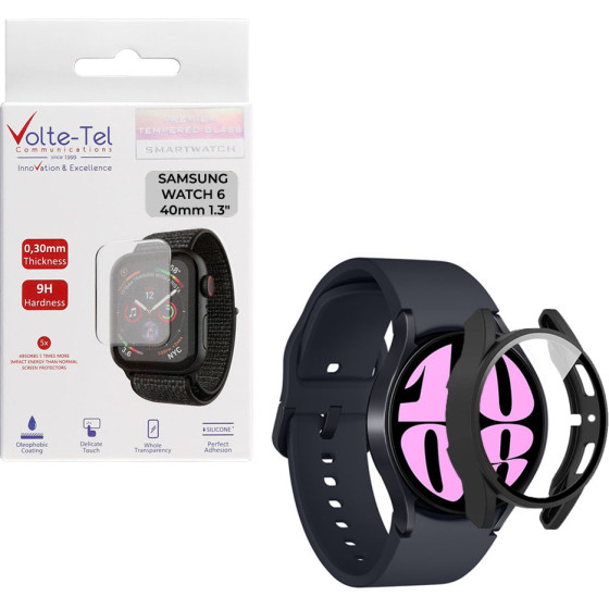Volte-Tel Tempered Glass Samsung Watch 6 40mm 1.3'' 9H 0.30mm Pc Edge Cover With Key 3D Full Glue Full Cover BLACK