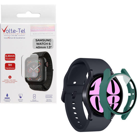 Volte-Tel Tempered Glass Samsung Watch 6 40mm 1.3'' 9H 0.30mm Pc Edge Cover With Key 3D Full Glue Full Cover GREEN