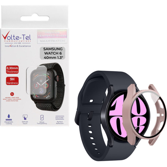 Volte-Tel Tempered Glass Samsung Watch 6 40mm 1.3'' 9H 0.30mm Pc Edge Cover With Key 3D Full Glue Full Cover Rose GOLD