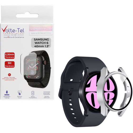 Volte-Tel Tempered Glass Samsung Watch 6 40mm 1.3'' 9H 0.30mm Pc Edge Cover With Key 3D Full Glue Full Cover SILVER
