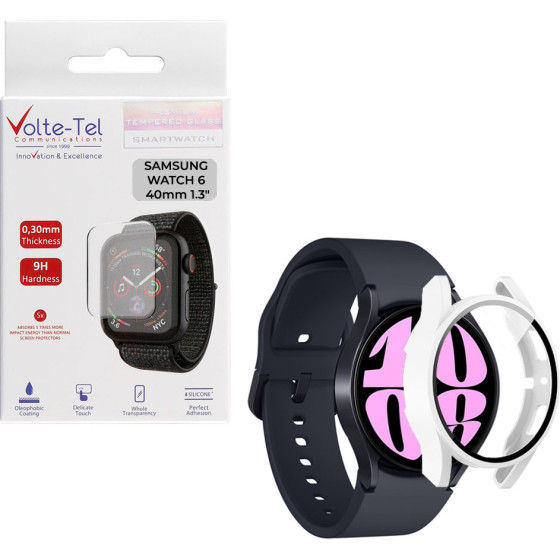 Volte-Tel Tempered Glass Samsung Watch 6 40mm 1.3'' 9H 0.30mm Pc Edge Cover With Key 3D Full Glue Full Cover WHITE