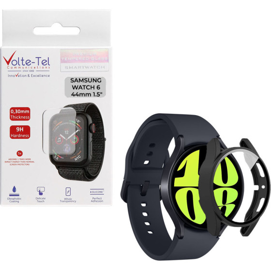 Volte-Tel Tempered Glass Samsung Watch 6 44mm 1.5'' 9H 0.30mm Pc Edge Cover With Key 3D Full Glue Full Cover BLACK