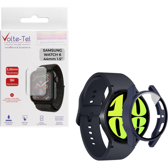 Volte-Tel Tempered Glass Samsung Watch 6 44mm 1.5'' 9H 0.30mm Pc Edge Cover With Key 3D Full Glue Full Cover BLUE