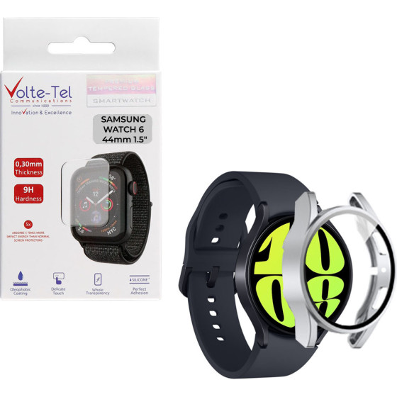 Volte-Tel Tempered Glass Samsung Watch 6 44mm 1.5'' 9H 0.30mm Pc Edge Cover With Key 3D Full Glue Full Cover SILVER