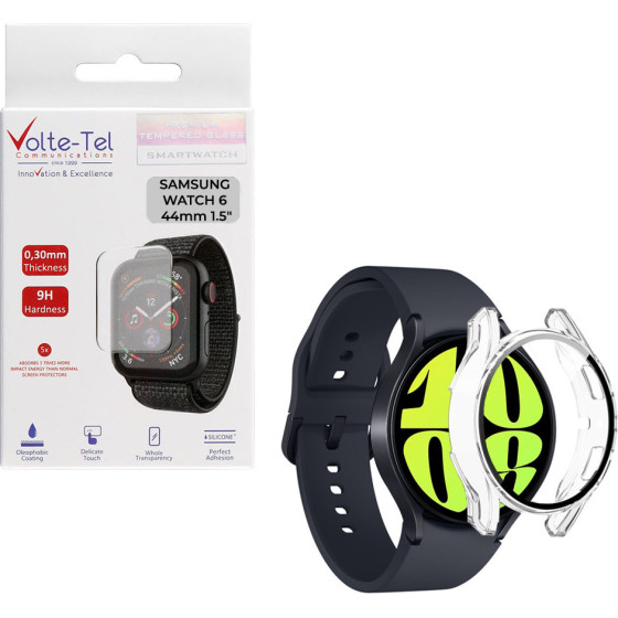 Volte-Tel Tempered Glass Samsung Watch 6 44mm 1.5'' 9H 0.30mm Pc Edge Cover With Key 3D Full Glue Full Cover TRANSPARENT