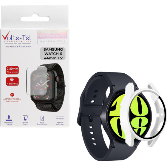 Volte-Tel Tempered Glass Samsung Watch 6 44mm 1.5'' 9H 0.30mm Pc Edge Cover With Key 3D Full Glue Full Cover WHITE