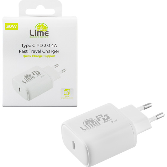 Lime Successories Lime Type C Pd 3.0 Super Fast Travel Qc 3.0 LTC30W 30W 5V 4.0A /9V 3.4A/12V 2.5A WHITE