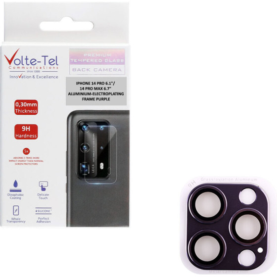 Volte-Tel Camera Glass Cover Iphone 14 Pro 6.1''/14 Pro Max 6.7'' 9H 0.30MM 3D ALUMINIUM-Electroplating Frame PURPLE