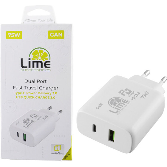 Lime Type C Gan Pd 3.0 Dual Super Fast Travel LTC75W 75W 4.0A Pd 54W + Usb Qc 3.0 21W WHITE