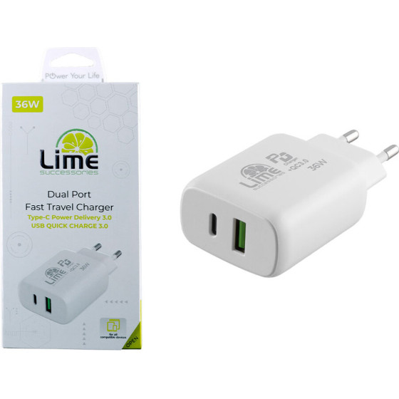 Lime Type C Pd 3.0 Dual Super Fast Travel LTC36W 36W 4.0A - Usb Qc 3.0 21W Max 36W WHITE