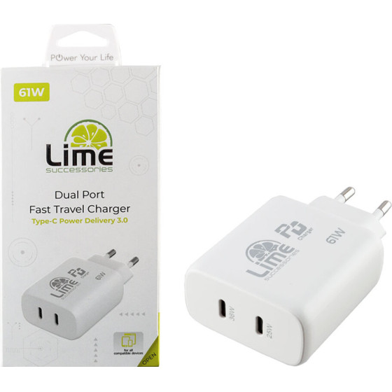 Lime Type C Pd 3.0 Dual Super Fast Travel LTC61W 61W 4.0A 36W +Type C 25W WHITE