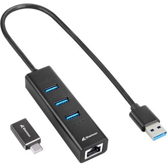 Sharkoon Usb 3.2 Hub 4 ����� �� ������� USB-A / USB-C / Ethernet - (3PALUHUBBLK)