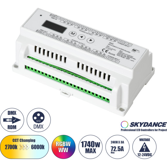 GloboStar D24 Skydance Dc Dmx & Rdm Dimmer Din Rail ����� High Speed Controller / Decoder 24 �������� Dc 12-24V 24 x 3A 72W - Max 72.5A 1740W - IP20 �16 x �9 x �6cm - 5 Years Warranty - (71450)