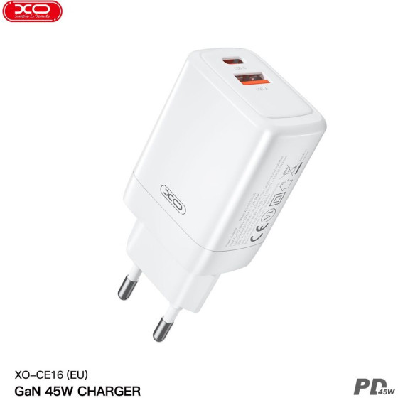 XO (EU) 45W gallium nitride fast charger(1USB-C 45W+1USB-A 22.5W) - (CE16)