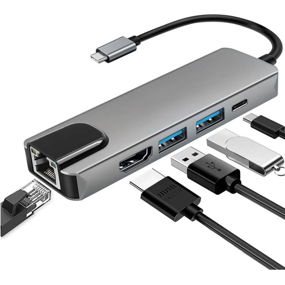 NSP N18 5 In 1 USB-C Hub Type C To Usb 3.0/RJ45 1000Mbps/Pd 60W/Usb 3.0 X2/ Hdmi 4K Alu GREY