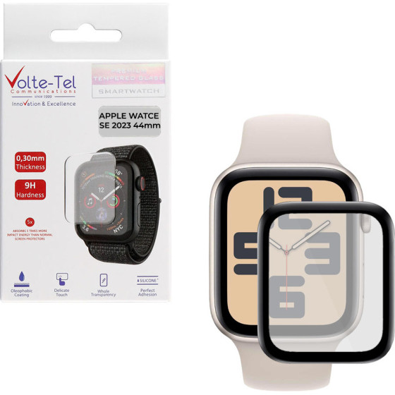 Volte-Tel Tempered Glass Apple Watch Se 2023 44mm 3D Edge 1.78'' 9H 0.30mm Full Glue Full Cover BLACK