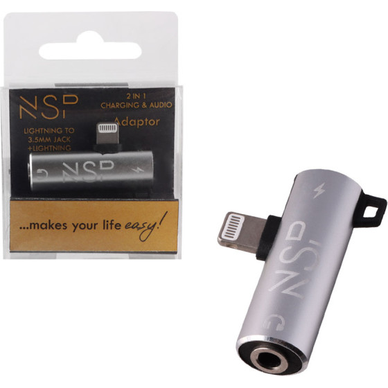 NSP Adaptor 2 In 1 Charging And Audio Adapter Lightning To 3.5MM JACK+Lightning SILVER