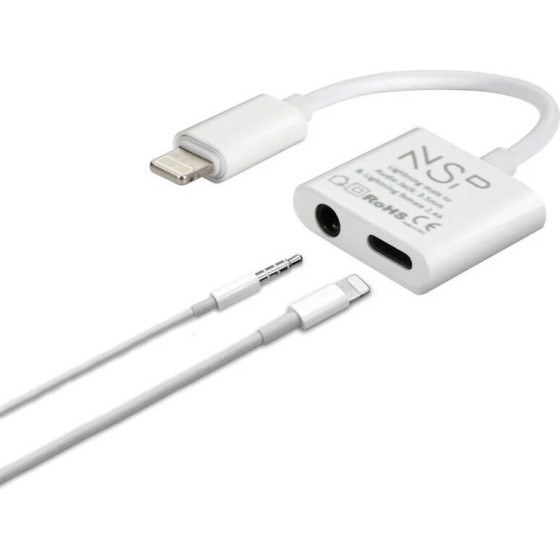 NSP Adaptor Cable 2 In 1 CHARGING-Audio Adapter Lightning To 3.5MM JACK+Lightning 2.4A WHITE