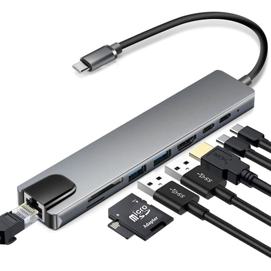 NSP N14 8 In 1 USB-C Hub Type C To Hdmi 4K 30HZ/2 Usb 480Mbps/Pd 87W/Usb C/F / SD/Tf Usb 2.0 /RJ45 100MBps Alu GREY