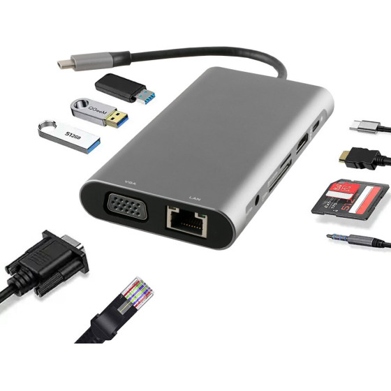 NSP N17 10 In 1 USB-C Hub Type C To Vga With AUDIO/RJ45 1000Mbps/Pd 60W/SDXC/Sd 3.0/Usb 3.0 X3/ Hdmi 4K Alu GREY