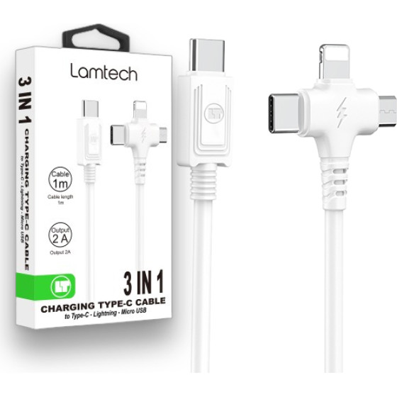 Lamtech 3 In 1 Charging TYPE-C Cable To TYPE-C/LIGHTNING/Micro Usb 1M White - (LAM113119)