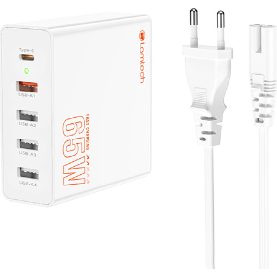 Lamtech Gan Fast Charger 1xTYPE-C & 4xQC3.0 65W & Eu Cable 1.5M - (LAM113409)