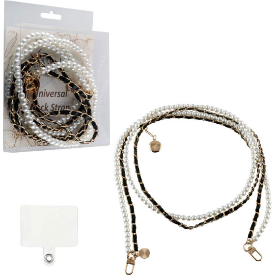 Volte-Tel Neck Strap - ������� ������ ��� ����� White Pearls With Black LEATHER-Gold Metal VT424 120cm