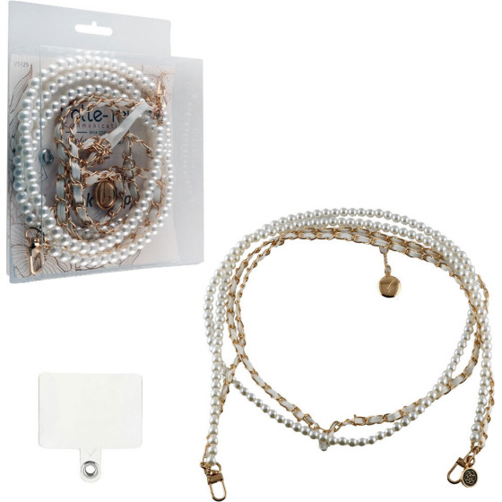Volte-Tel Neck Strap - ������� ������ ��� ����� White Pearls With White LEATHER-Gold Metal VT425 120cm