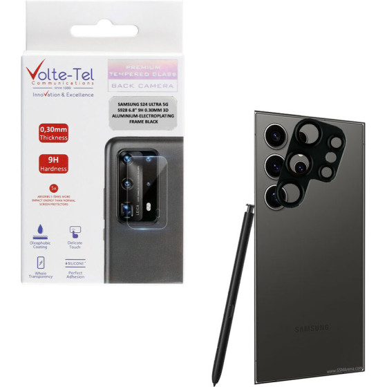 Volte-Tel Camera Glass Cover Samsung S24 Ultra 5G S928 6.8'' 9H 0.30MM 3D ALUMINIUM-Electroplating Frame BLACK