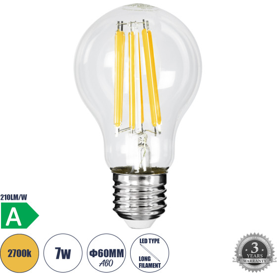 GloboStar ����� Led Long Filament E27 A60 ������� 7W 1470lm 360� Ac 220-240V IP20 �6 x �11cm ����� ����� 2700K �� ������� ����� - Pro Series 210lm/W - A ���������� ����� - 3 ������ ������� - (99087)