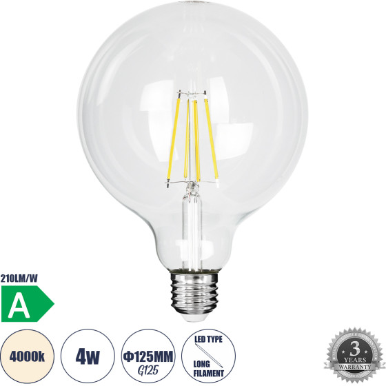 GloboStar ����� Led Long Filament E27 G125 ������� 4W 840lm 360� Ac 220-240V IP20 �12.5 x �13.8cm ������ ����� 4000K �� ������� ����� - Pro Series 210lm/W - A ���������� ����� - 3 ������ ������� - (99093)