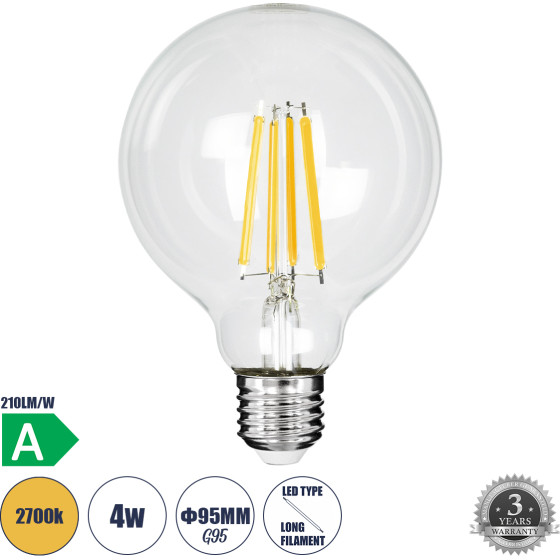 GloboStar ����� Led Long Filament E27 G95 ������� 4W 840lm 360� Ac 220-240V IP20 �9.5 x �13.8cm ����� ����� 2700K �� ������� ����� - Pro Series 210lm/W - A ���������� ����� - 3 ������ ������� - (99084)