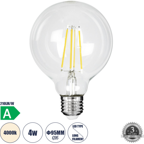 GloboStar ����� Led Long Filament E27 G95 ������� 4W 840lm 360� Ac 220-240V IP20 �9.5 x �13.8cm ������ ����� 4000K �� ������� ����� - Pro Series 210lm/W - A ���������� ����� - 3 ������ ������� - (99092)