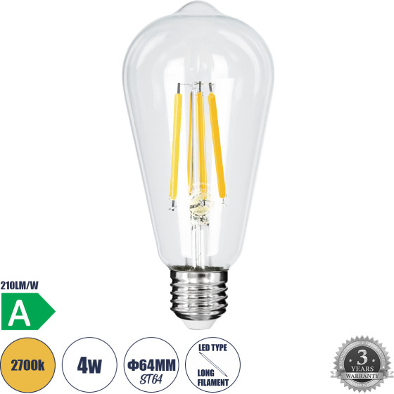 GloboStar ����� Led Long Filament E27 ST64 ������ 4W 840lm 360� Ac 220-240V IP20 �6.4 x �14.5cm ����� ����� 2700K �� ������� ����� - Pro Series 210lm/W - A ���������� ����� - 3 ������ ������� - (99086)