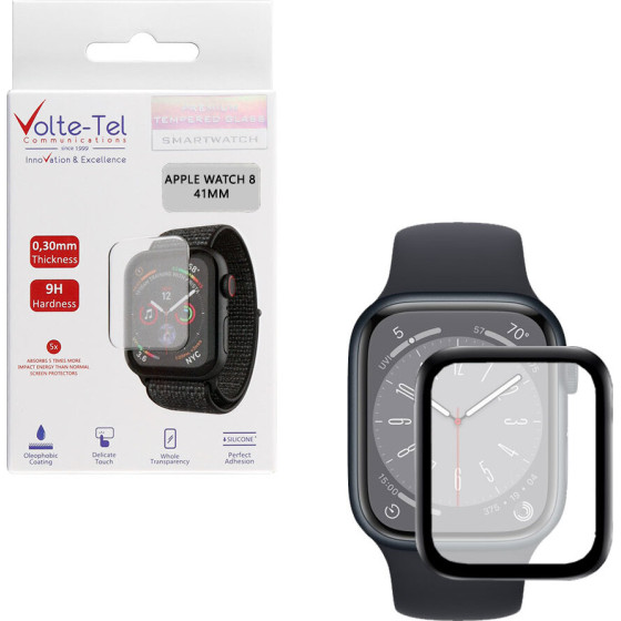 Volte-Tel Tempered Glass Apple Watch 7/Watch 8/Watch 9 41mm 3D Edge 1.69'' 9H 0.30mm Full Glue Full Cover BLACK