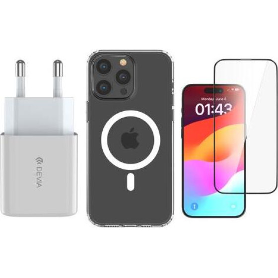 ��������� �������� ������� �������� Devia Pd 30W & ���� Shockproof & Tempered Glass Apple Iphone 15 Pro Pack �����