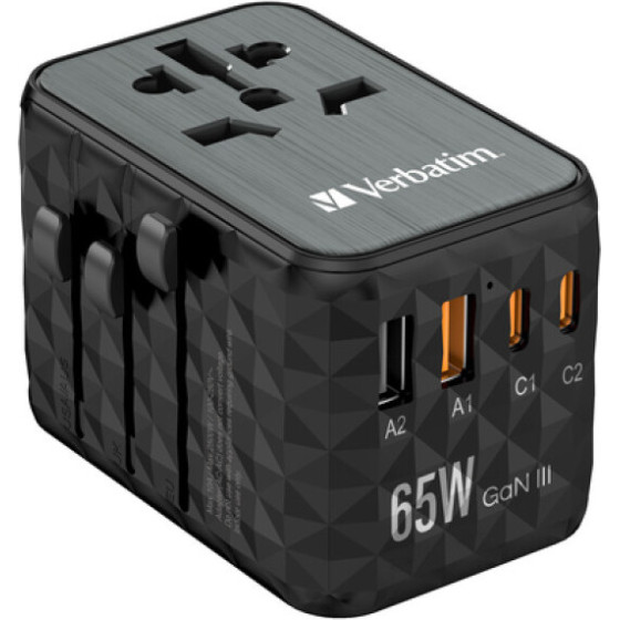 Verbatim GAN III UNIVERSAL TRAVEL ADAPTER UTA-05 WITH 2 X USB-C PD 65W & QC 4+ / 2 X USB-A - (32120)