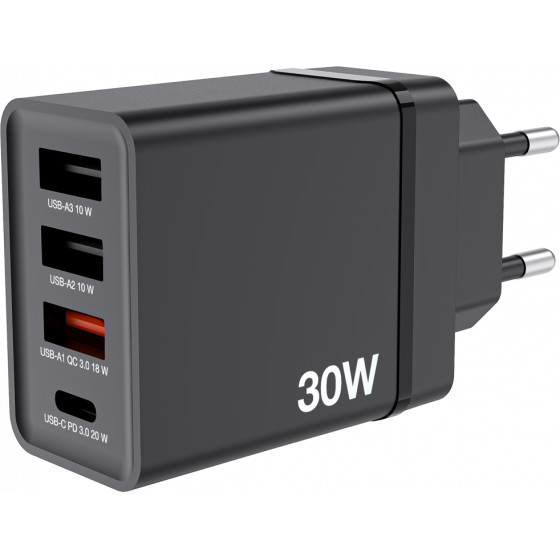 Verbatim CHR-30EU1 USB Charger 30W with 1 x USB-C(R) PD 20W / 1 x USB-A QC 3.0 / 2 x USB-A 10W Black (EU) - (49700)