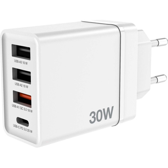 Verbatim CHR-30EU2 USB Charger 30W with 1 x USB-C(R) PD 20 W / 1 x USB-A QC 3.0 / 2 x USB-A 10W White (EU) - (49701)